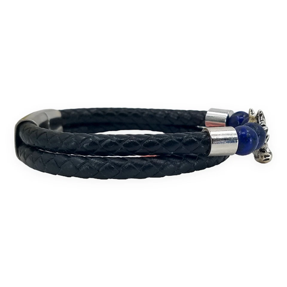 Men's Silvertone Dragon Lapis Beaded 2 Row Black Genuine Leather Bracelet 8 Inch - Image 4 of 4