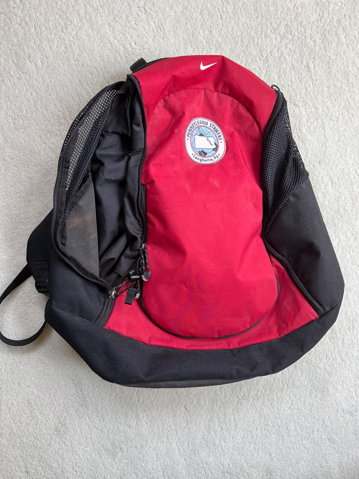Nike Swoosh Black & Red Backpack RN 56323 with soccer team logo 0203
