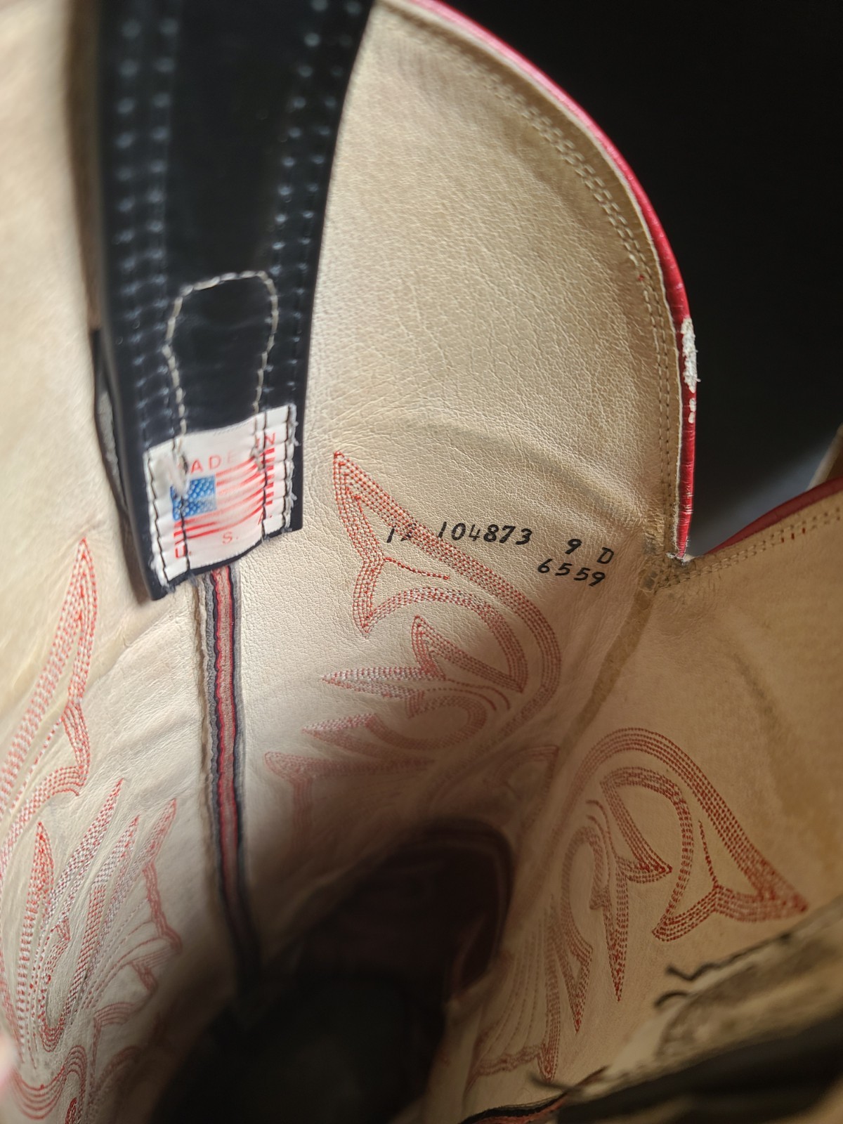 Vintage Olathe 17" Tall Western Cowboy Boots Red Black Embroidered Men's 9 D USA image 6