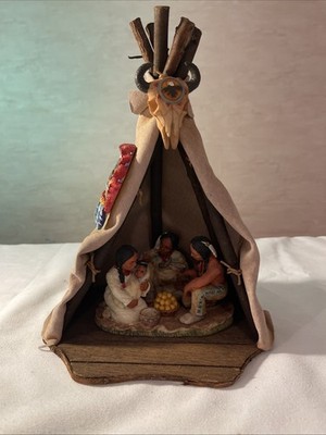 Artisan Handmade Native American Indian Family Teepee Wigwam Folk Art Sculpture