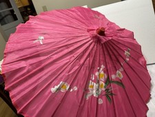 Hot Pink Oriental Cloth Wood Parasol 20 1/4 30" Fully Open