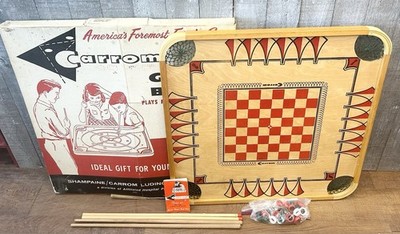 Vintage Carrom Game Board Complete Set w/ Box 100 Games Ludington MI 1965