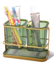 Green Toothbrush Holders for Bathrooms, 2 Cups Toothbrush Holders Wall Mounte...