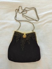 Vintage Black Velvet Frame Evening Bag with Chain Handle and Rhinestone Clasp