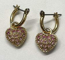 Pink Rhinestone Pave Dangle Heart Charm Hoop Earrings Hinge Pierced Gold Tone