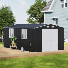 Large 10x16ft Black Steel Shed 4 Reinforced Grid Windows Outdoor Storage Shed UK