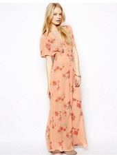 ASOS Boho Chic Peach Floral Maxi Dress V-Neck Flowy Summer Dress