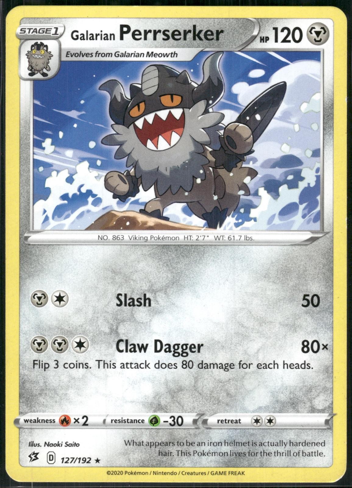 Galarian Perrserker 127/192 Rebel Clash Pokemon Card 2020 Near Mint