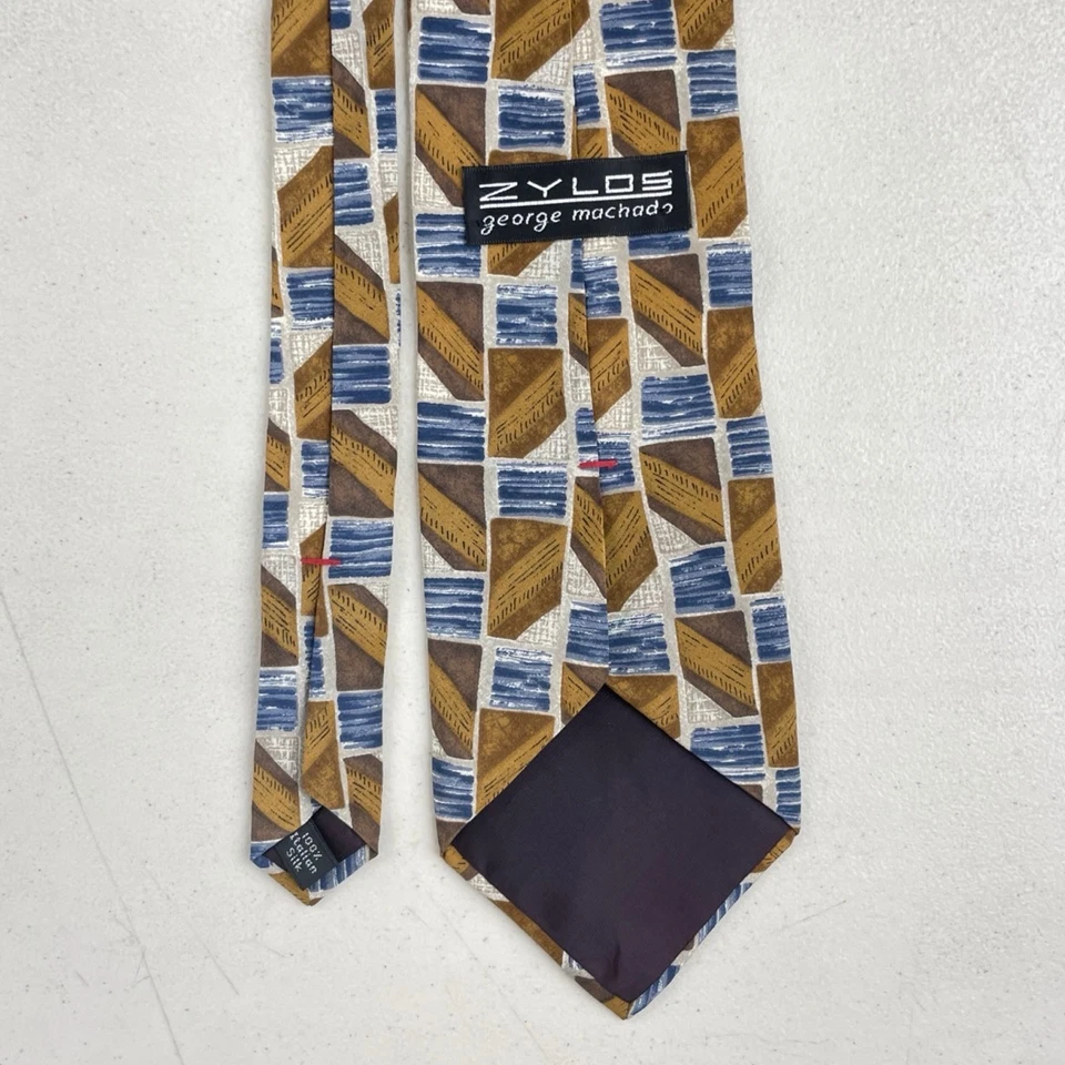 Corbata vintage con estampado geométrico años 90 100 % seda italiana marrón/azul/gris Foto 3 de 3