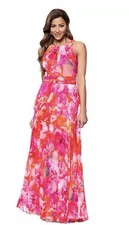 Xscape Women’s Printed Pleated Sleeveless Halter-Neck Gown-Red/Pink, Size-10
