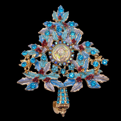 CAMEO Christmas TREE BROOCH Pendant Iridescent Blue Rhinestone Enamel Jewelry