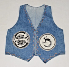 Vintage Jean Vest 80s Blue Denim Southwest Native American Folk Art Appliques