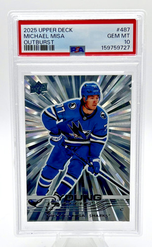 2025‑26 Upper Deck Young Guns Outburst Michael Misa #487 Sharks PSA 10 SSP RC