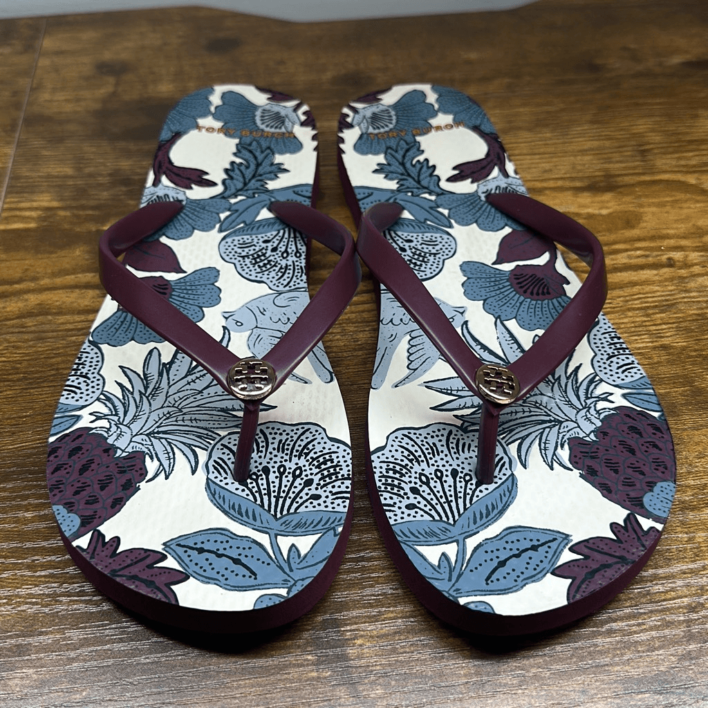 APL Sandali infradito Tory Burch 9 floreali motivo ananas tropicale bordeaux