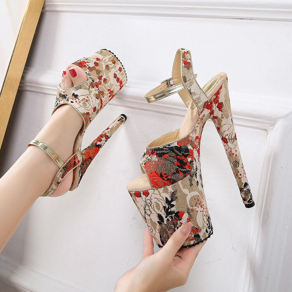 Mujeres 20 CM Tacones Altos Tacones de aguja Sandalias Florales Club Baile con poste Sexy Zapatos Foto 2 de 4