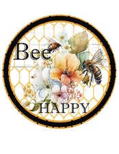 Bee Happy Floral Aluminum Wreath Sign Honeycomb Round Metal Door Decor