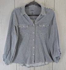 Croft Barrow Size Petite Large Button Blue White Striped Collar Long Sleeve Top