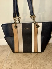 $160 VALUE NWT Calvin Klein Key Item Chain Saffiano Metallic Tpe Combo Tote Bag 
