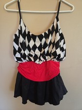 VTG 80's Sirena Skirted Swimsuit Bathing Suit Black White Red Size 10 One Piece