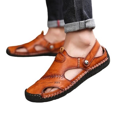 Herren Sandalen Echtes Leder Sommer Bequem Outdoor Strand Hausschuhe NEU