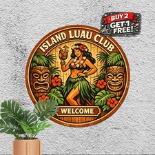 Colorful Tropical Tiki Bar Hawaii Luau Round Metal Tin Sign Outdoor Decor 8x8