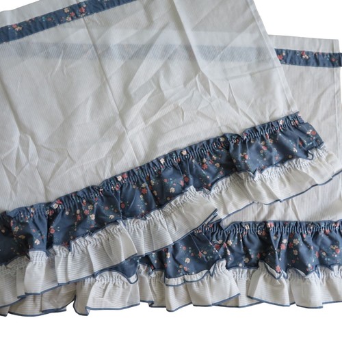 Pair of 2 Curtain Panels Blue Floral Ruffle Edge White Cotton 32 x 32 Vintage - Picture 2 of 14