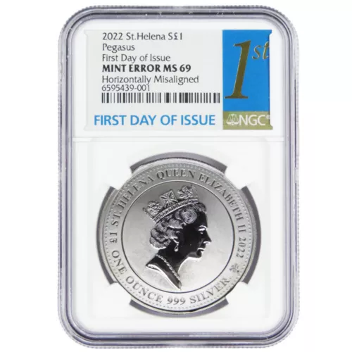 2022 £ St. Helena "Jennie Norris" Silver Pegasus NGC MS69 Mint Error Horizont...