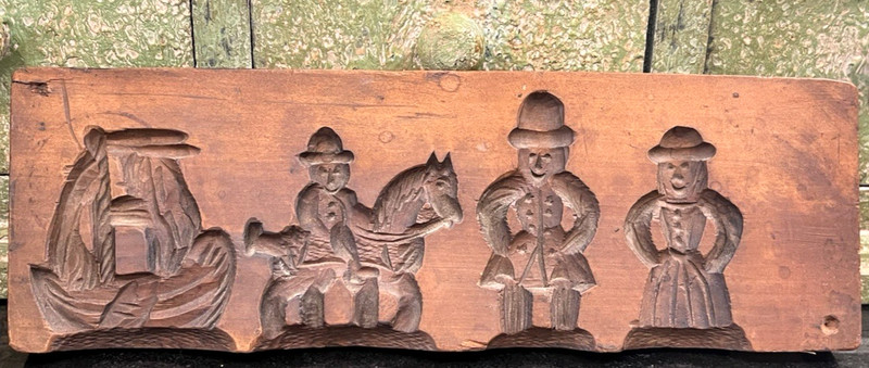 1920's Farmhouse Carved Rustic Wood BUTTER MOLD Primitive Sailboat Farmers Horse