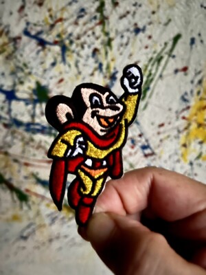 Mighty Mouse Iron On Patch Super Hero Red White Yellow Beige Black Embroidered