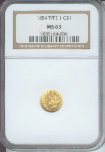 1854 G$1 GOLD DOLLAR Type 1 NGC MS63 GOLD COIN MS-63 Older Holder !!