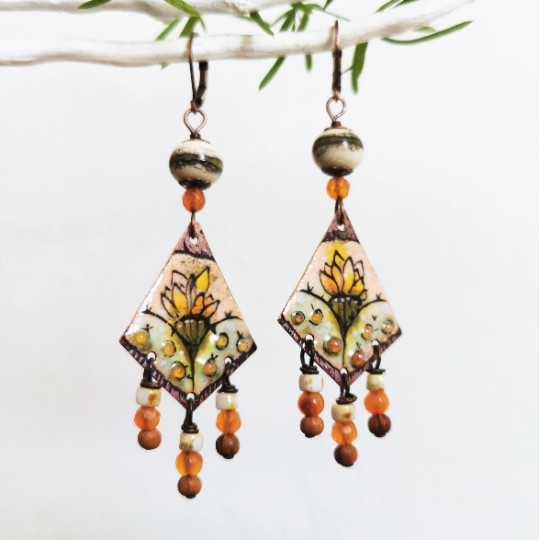 Boucles d'oreilles en cuivre véritable émaillé à la main, création rustique - 3