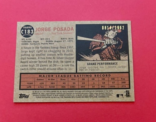 2011 Topps Heritage Chrome #C183 Jorge Posada #/1962 -Nice Parallel of Yanks ATG - Picture 2 of 2