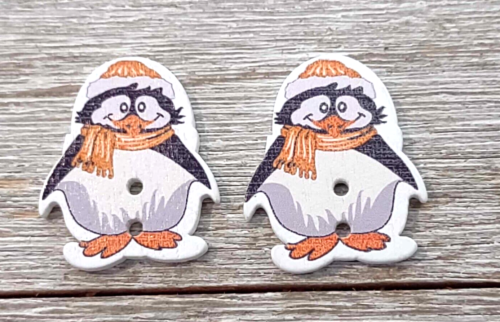 2 Penguin Orange Scarf Buttons Crafting Sewing Wood 2 Hole 1 1/8"