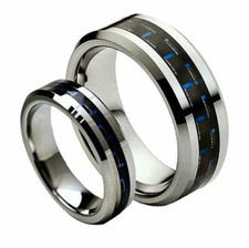 Free Engraving - 8mm/6mm Tungsten Carbide Blue Carbon Fiber Inlay Band Ring Set