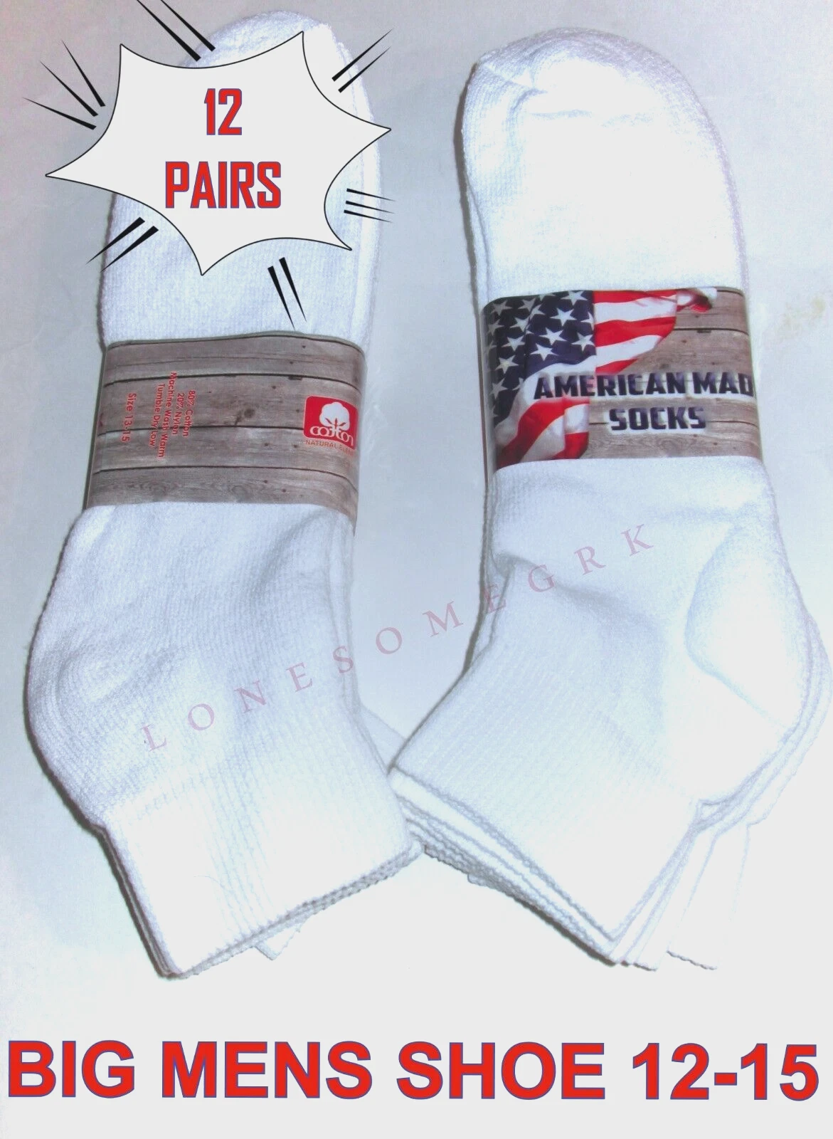 12 Pairs BIG Mens Size Cushioned Ankle Socks Medium Weight US Made 12-15 Shoe