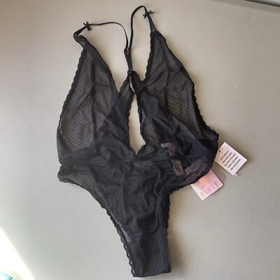 Savage X Fenty Black Lace Teddy Bodysuit Medium NWT Sheer