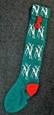 Christmas Extra Long Jumbo Knit Stocking Green  Silver Reindeers, 2 Red Pom,Pom