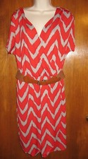 COREY P Large BELTED WRAP DRESS (v-neck w/ short sleeves; red/gray chevron) EUC