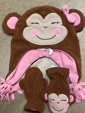  25 Childrens Place Fleece Monkey hat and mittens Brown Pink Girl size L 2-4 NEW