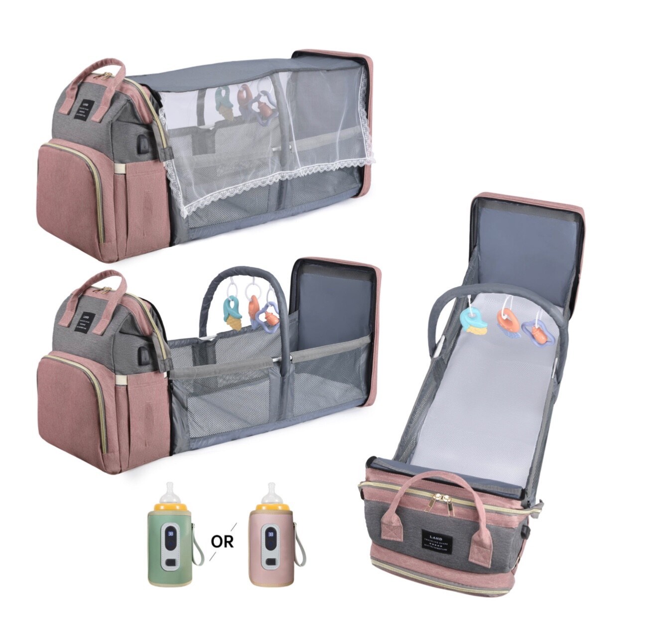 Baby Diaper Bag Waterproof with Changing Pink Color Bottle Warmer-image