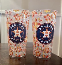 Two (2) Houston Astros 24oz Clear Plastic Cups, Hawaiian Tropical Floral design