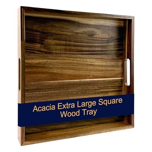 16'' Acacia Extra Large Square Wood Tray- Wood Tray for Ottoman, Rustic Square - Picture 2 of 8