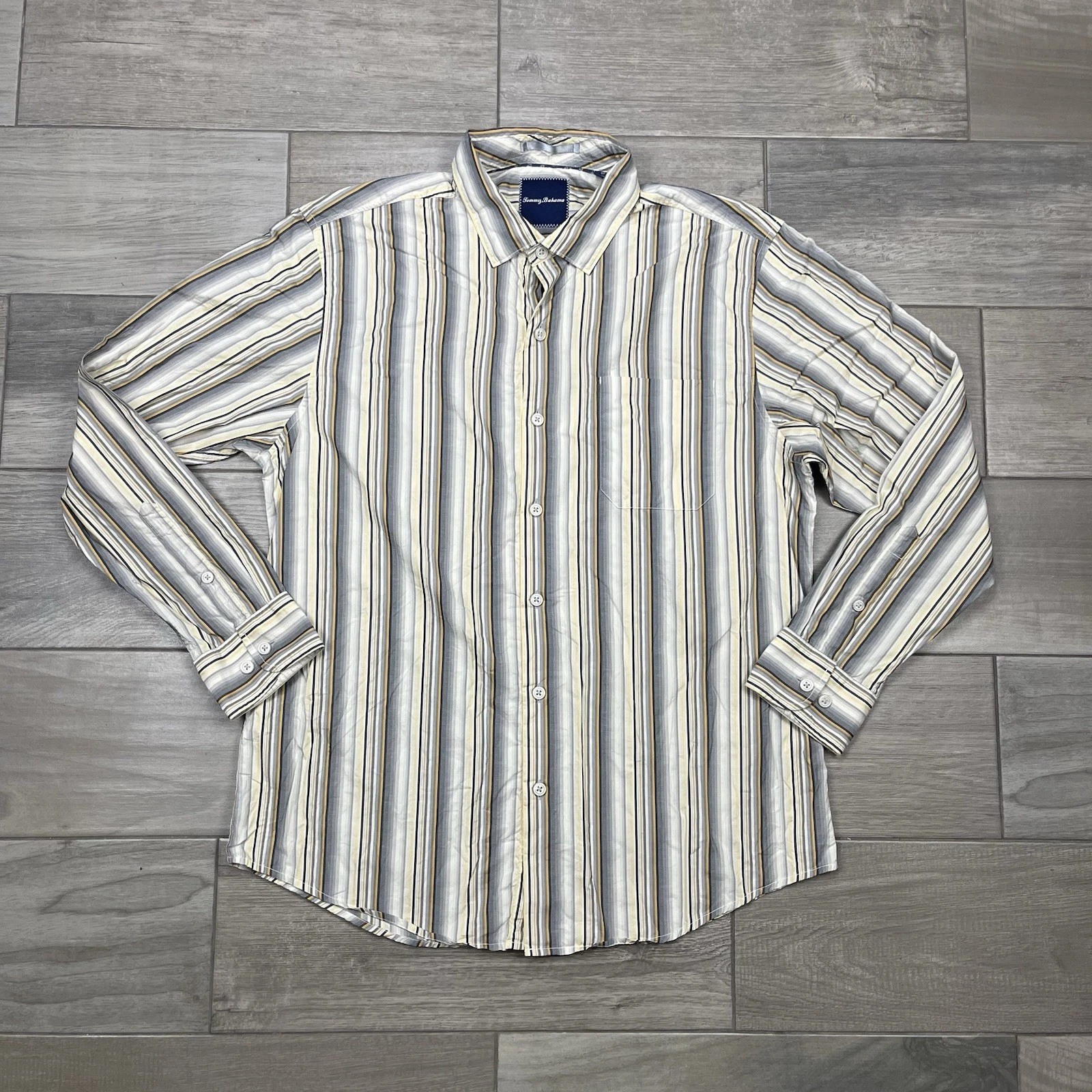 Tommy Bahama Button Down Shirt Mens Large Long Sleeve Cream Striped Pima Cotton
