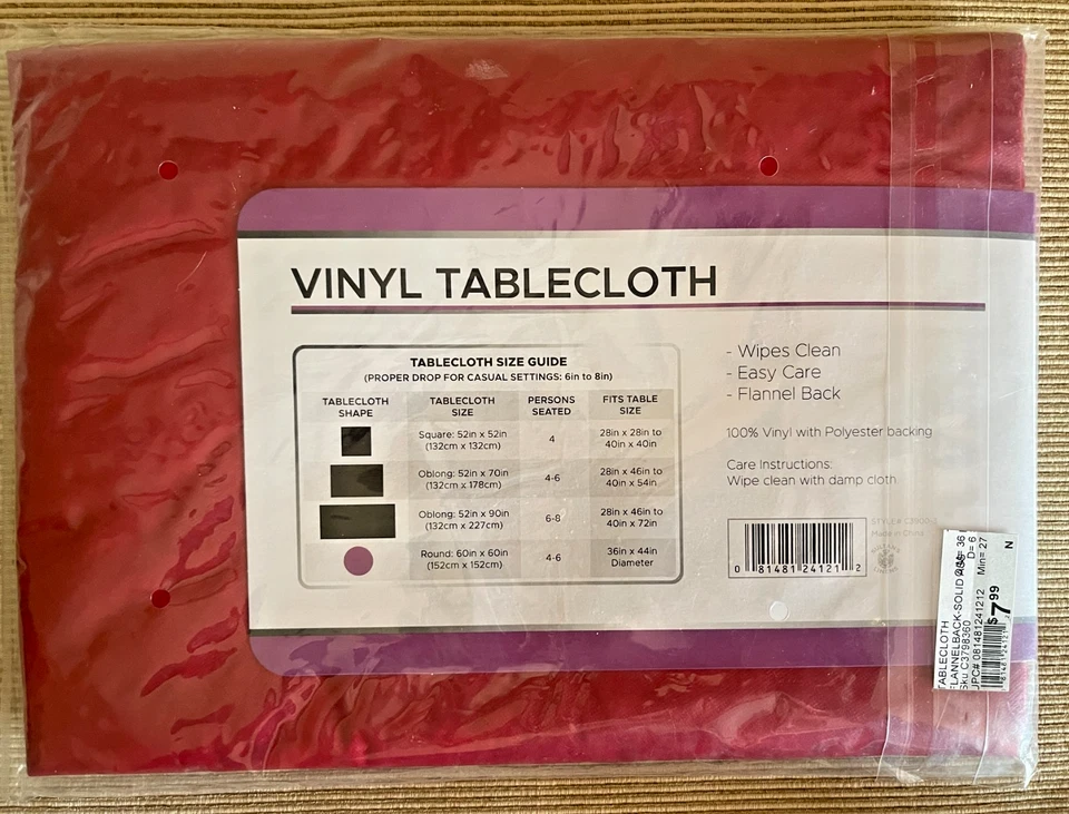 Flannelback Vinyl 60" Round RED TABLECLOTH - Wipe Clean - Image 2 of 2