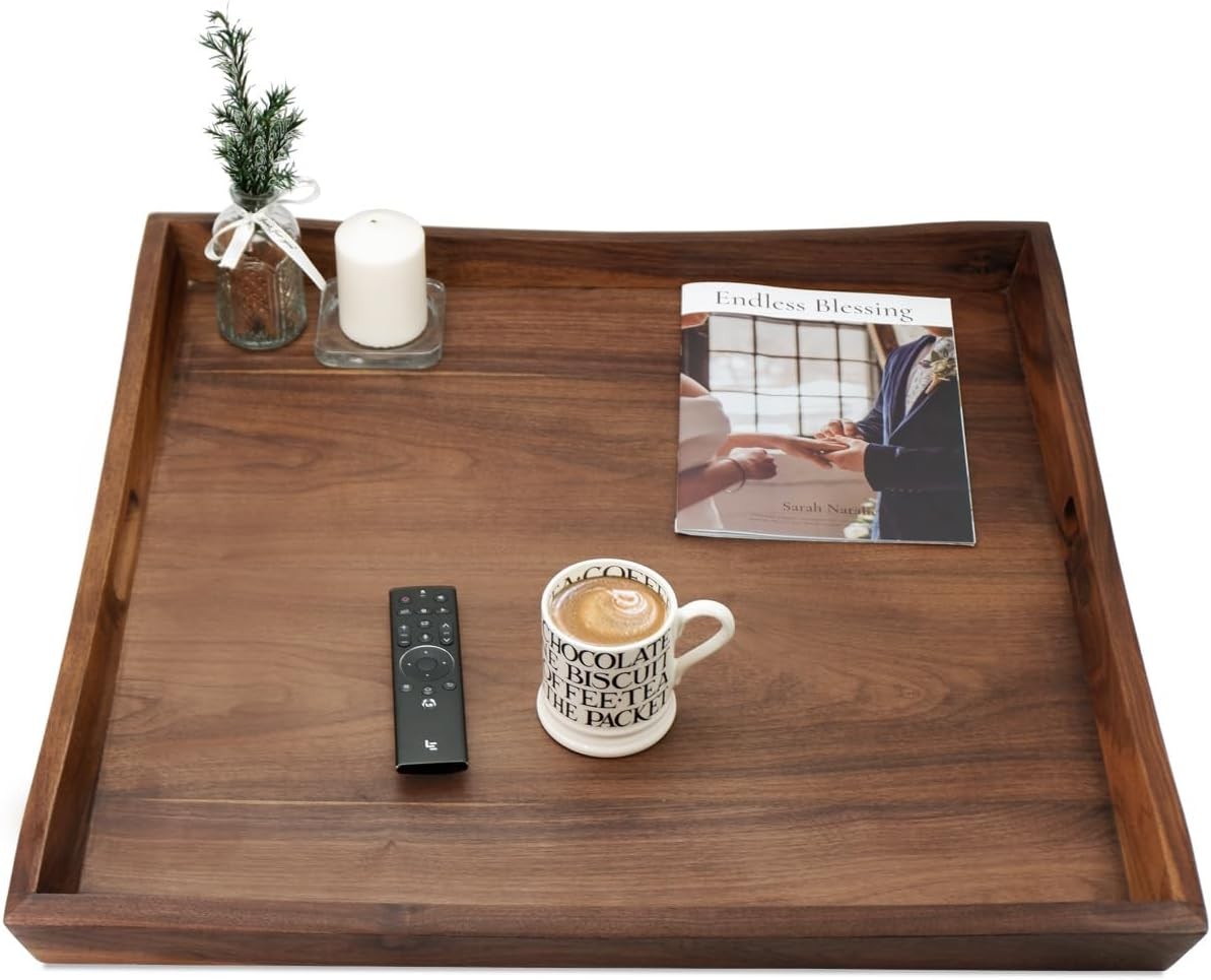 MAGIGO Walnut Wood Ottoman Serving Tray 28 Inch Curved Square Handles Brown image 3