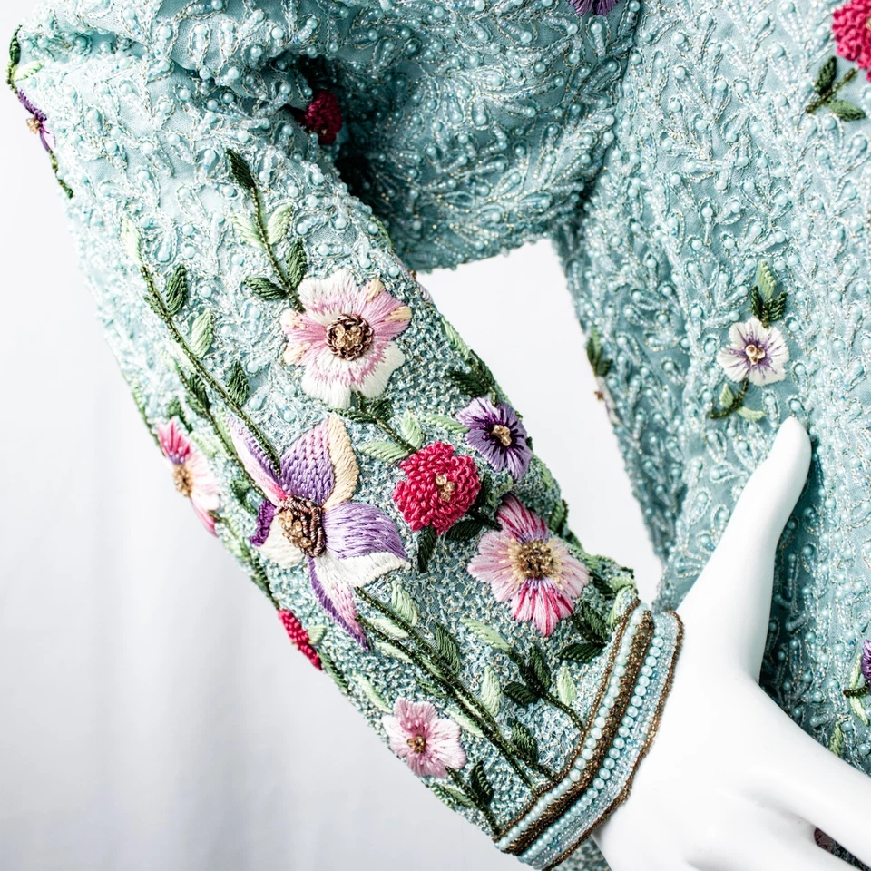 Terno feminino RICHILENE vintage verde água miçangas bordado floral tamanho 16, 18 - Imagem 2 de 4