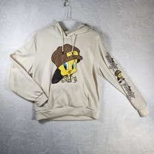 Looney Tunes Tweety Bird Hoodie XL Cream Graphic Streetwear Hip Hop Pullover Y2K