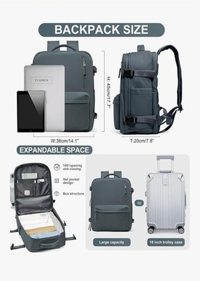 WONHOX Carry On Expandable Laptop Backpack Grey Blue Multiple Compartments 17.7''