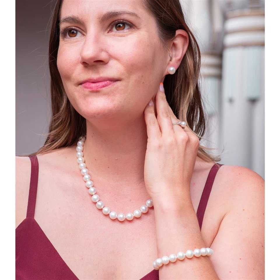 Juego de 20 Pulgadas Premium Redondo 9-10mm Perla Blanca Collar Pulsera Pendientes Cultivados Foto 2 de 4