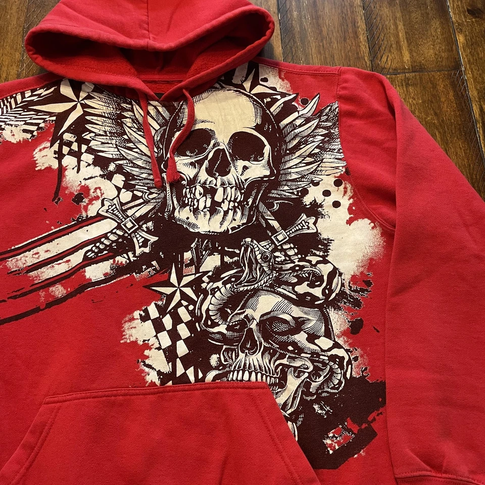 Ropa híbrida sudadera con capucha para hombre grande roja gráfica calavera alas dagas suéter gótico Foto 3 de 4